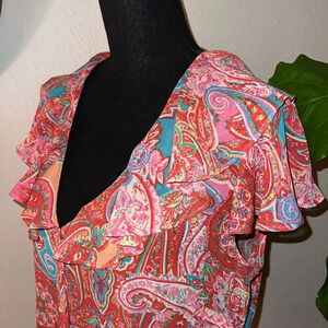 American Living Women’s Sheer Paisley Ruffle Short Sleeve Blouse Large